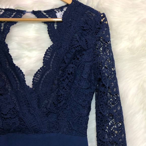 Navy Blue Long Sleeve Lace Maxi Dress - Picture 2 of 6